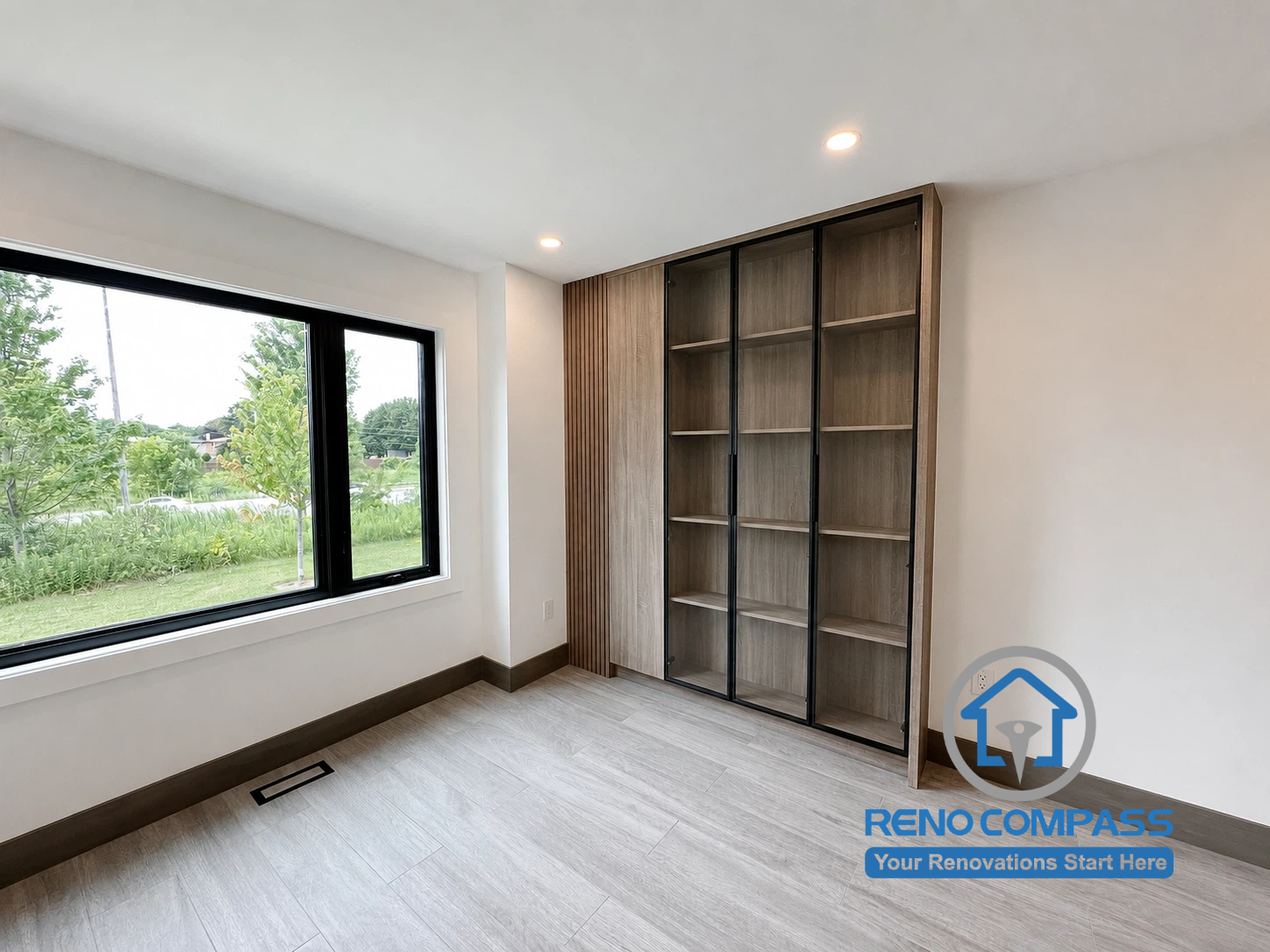 This custom open closet design features warm wood finishes, integrated storage solutions, and elegant glass display cabinets that bring both functionality and sophistication to the space. By replacing the traditional walk-in closet with an open-concept layout, the room feels brighter, more spacious, and better suited to modern living. Project completed by Reno Compass, serving Markham, Toronto, Richmond Hill, Vaughan, and the Greater Toronto Area.