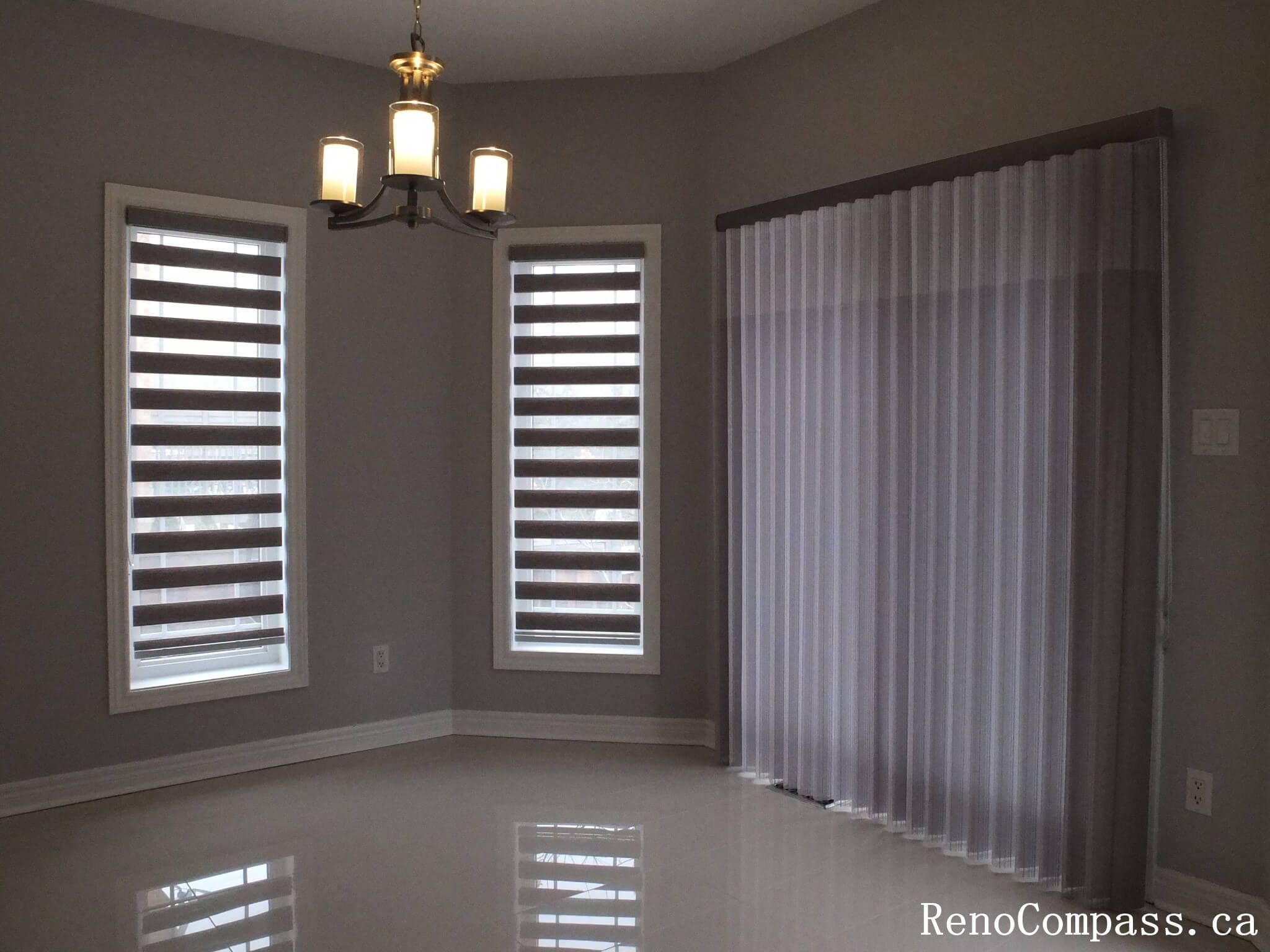 Custom zebra blinds curtains installation completed in Richmond Hill, featuring modern dual-layer window shades that provide privacy, light control, and a clean contemporary look. This professional window treatment upgrade enhances interior comfort and style, perfectly suited for modern home renovations by a trusted Toronto renovation company.