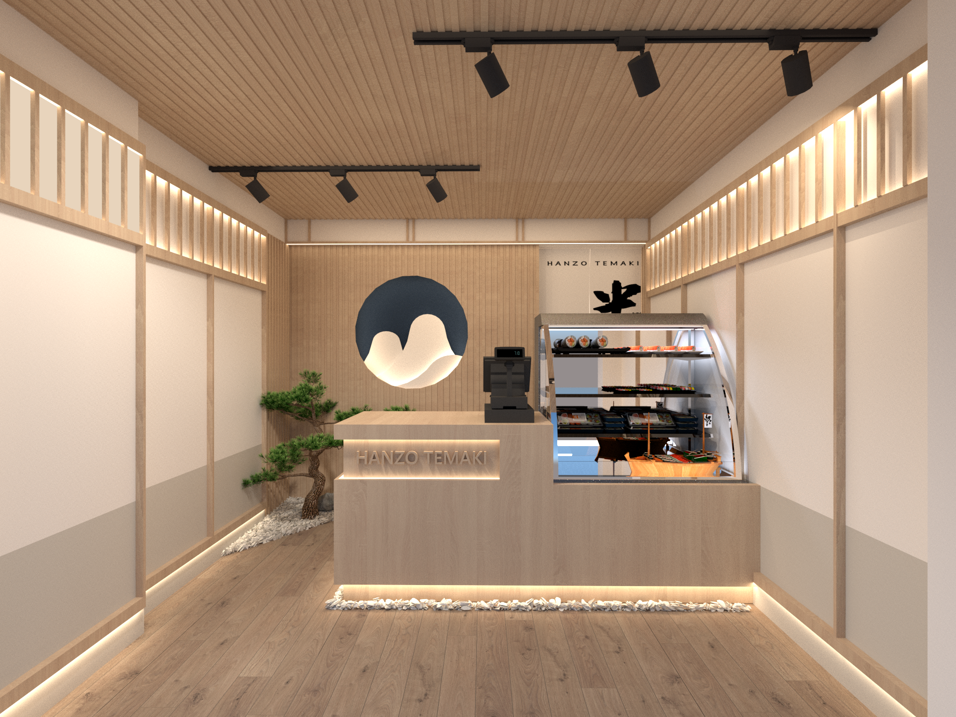 Front counter interior view of a Markham restaurant design, featuring a symmetrical layout, warm wood ceiling and flooring, integrated wall lighting, and a clean service zone designed for efficient operation and a refined customer experience.