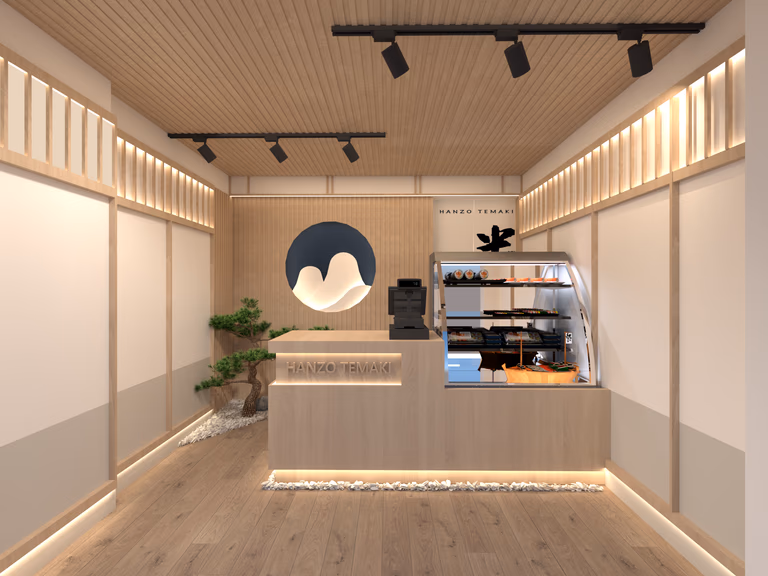 Front counter interior view of a Markham restaurant design, featuring a symmetrical layout, warm wood ceiling and flooring, integrated wall lighting, and a clean service zone designed for efficient operation and a refined customer experience.