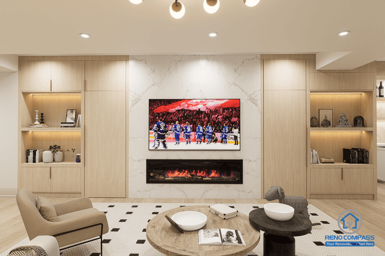 Custom basement feature wall with fireplace and built-in storage in Newmarket. Clean design with integrated lighting and modern finishes.