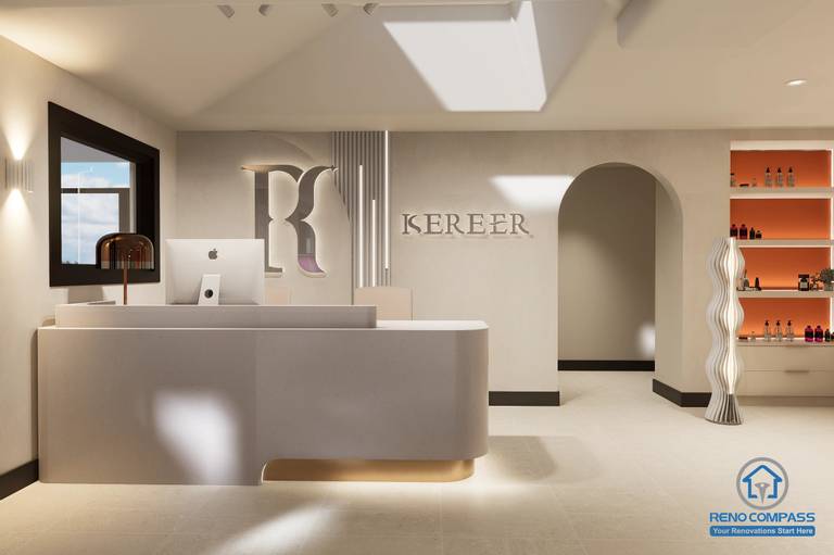 A front reception view in a Markham medical aesthetic clinic renovation project, featuring custom reception desk, integrated branding wall, and clean layout designed to create a professional and welcoming first impression.