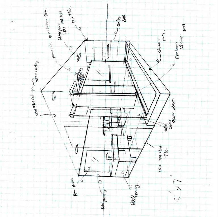 A hand-drawn interior design and renovation planning sketch for a Toronto residential project, illustrating space layout, cabinetry, fixtures, and construction details. This drawing reflects the professional design process and thoughtful planning behind a full Toronto interior renovation project.