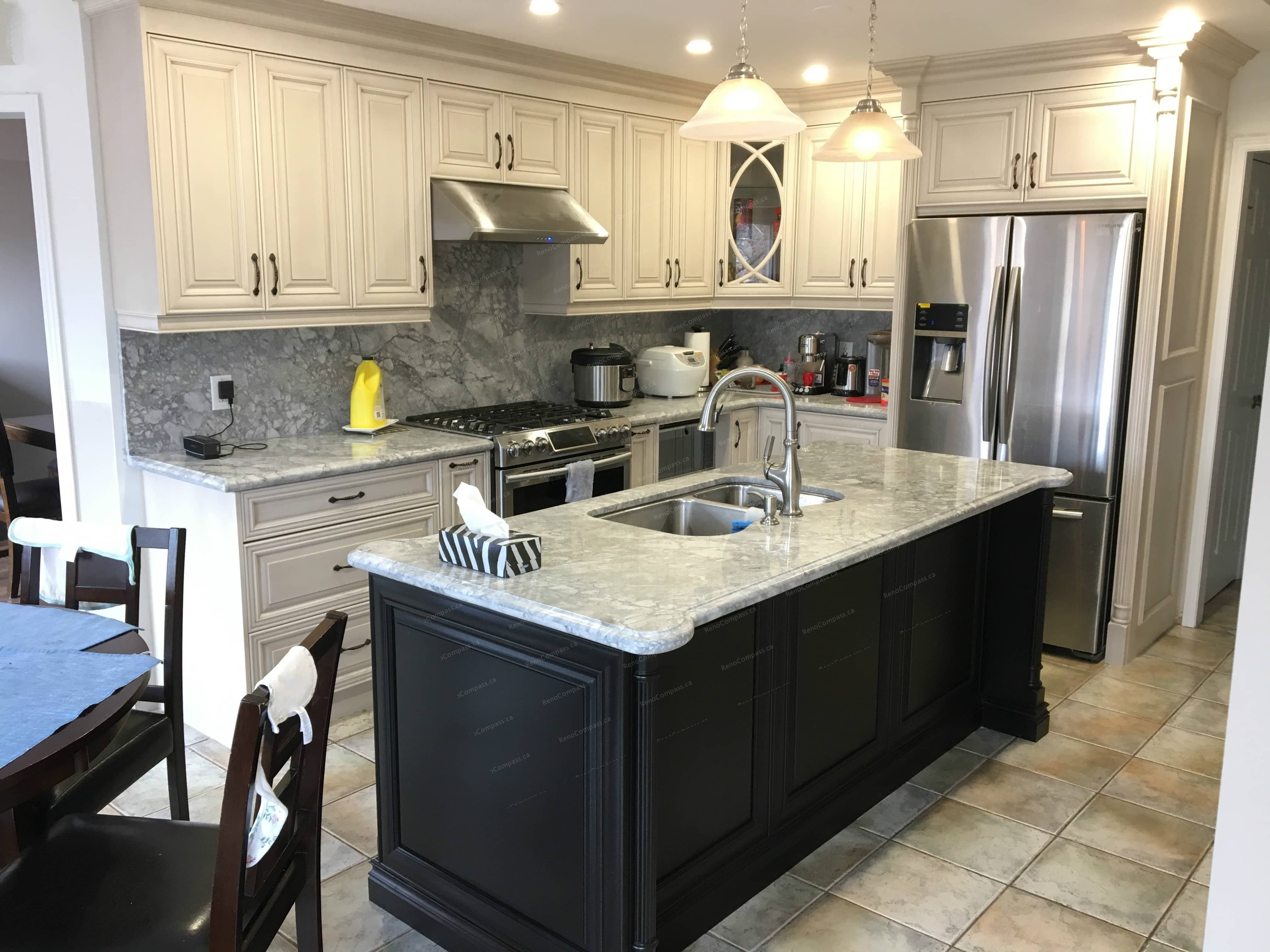 This Oakville interior renovation features a beautifully upgraded kitchen with custom cabinetry, marble-style countertops, and a spacious central island. The design blends classic elegance with modern functionality, including stainless steel appliances, upgraded lighting, and a practical layout that enhances daily living and entertaining. Completed by a professional renovation team, this project showcases high-quality craftsmanship and timeless interior design for Oakville homeowners.