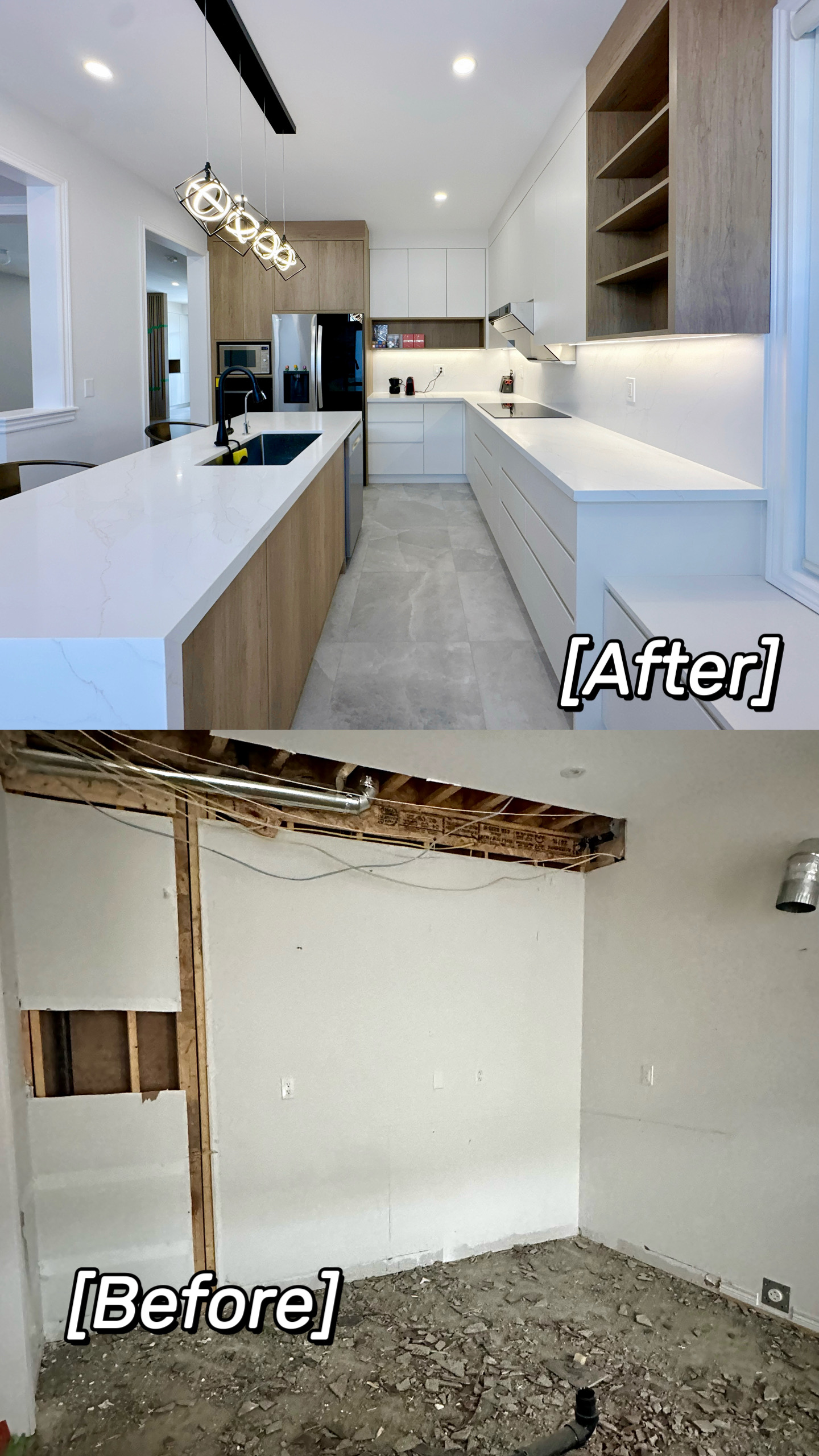 This before-and-after comparison highlights the transformation of a Stouffville kitchen renovation, showing the transition from a raw, unfinished space to a fully modern, open-concept kitchen. The completed design features custom cabinetry, a large island with quartz countertops, upgraded lighting, and a reconfigured layout. Completed by a professional Toronto renovation company, Reno Compass Inc., this project demonstrates expert planning, structural coordination, and high-quality interior renovation execution.