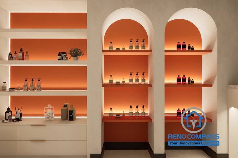 A product display feature in a Markham medical aesthetic clinic renovation project, showcasing arched shelving, Hermès orange accents, and integrated lighting to enhance product visibility and retail experience.
