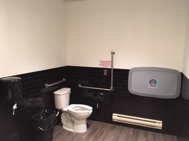 This Toronto spa renovation includes a clean and functional commercial washroom with accessibility features such as safety grab bars, durable finishes, and easy-to-maintain surfaces. Designed to meet hygiene standards and improve user safety, the space is ideal for high-traffic commercial environments.