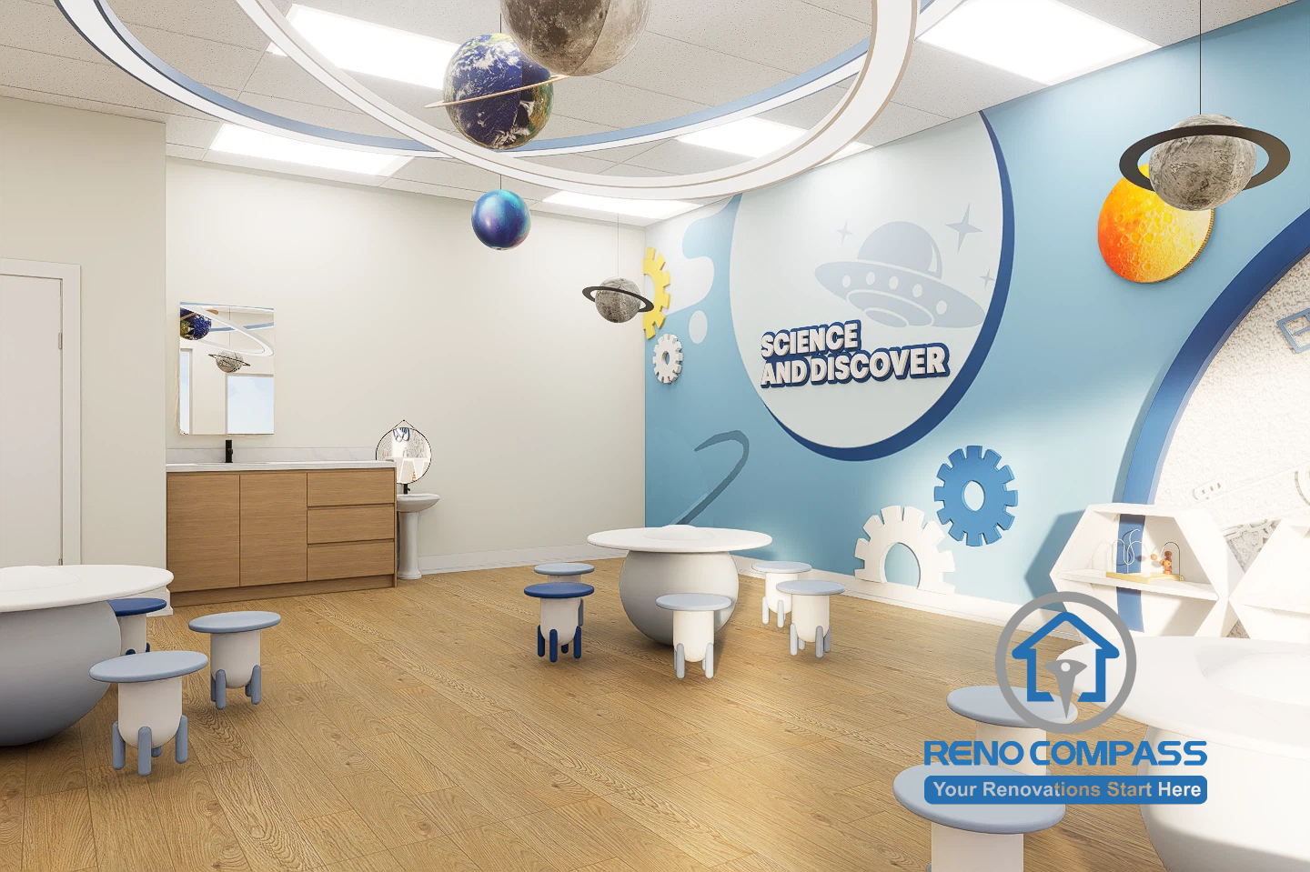 A modern kindergarten classroom in Toronto featuring a science-themed wall design with playful graphics, soft seating, and interactive elements that create an engaging and educational environment for children.