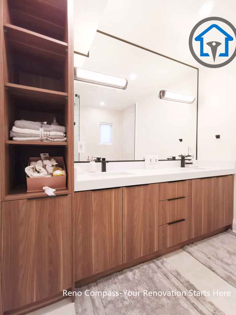 This North York bathroom renovation highlights a custom wood vanity with double sinks, integrated open shelving, and a quartz countertop. Warm wood finishes are paired with clean white surfaces and modern lighting, creating a balanced and highly functional bathroom space. Completed by a Toronto renovation company focused on craftsmanship, storage optimization, and long-term usability.