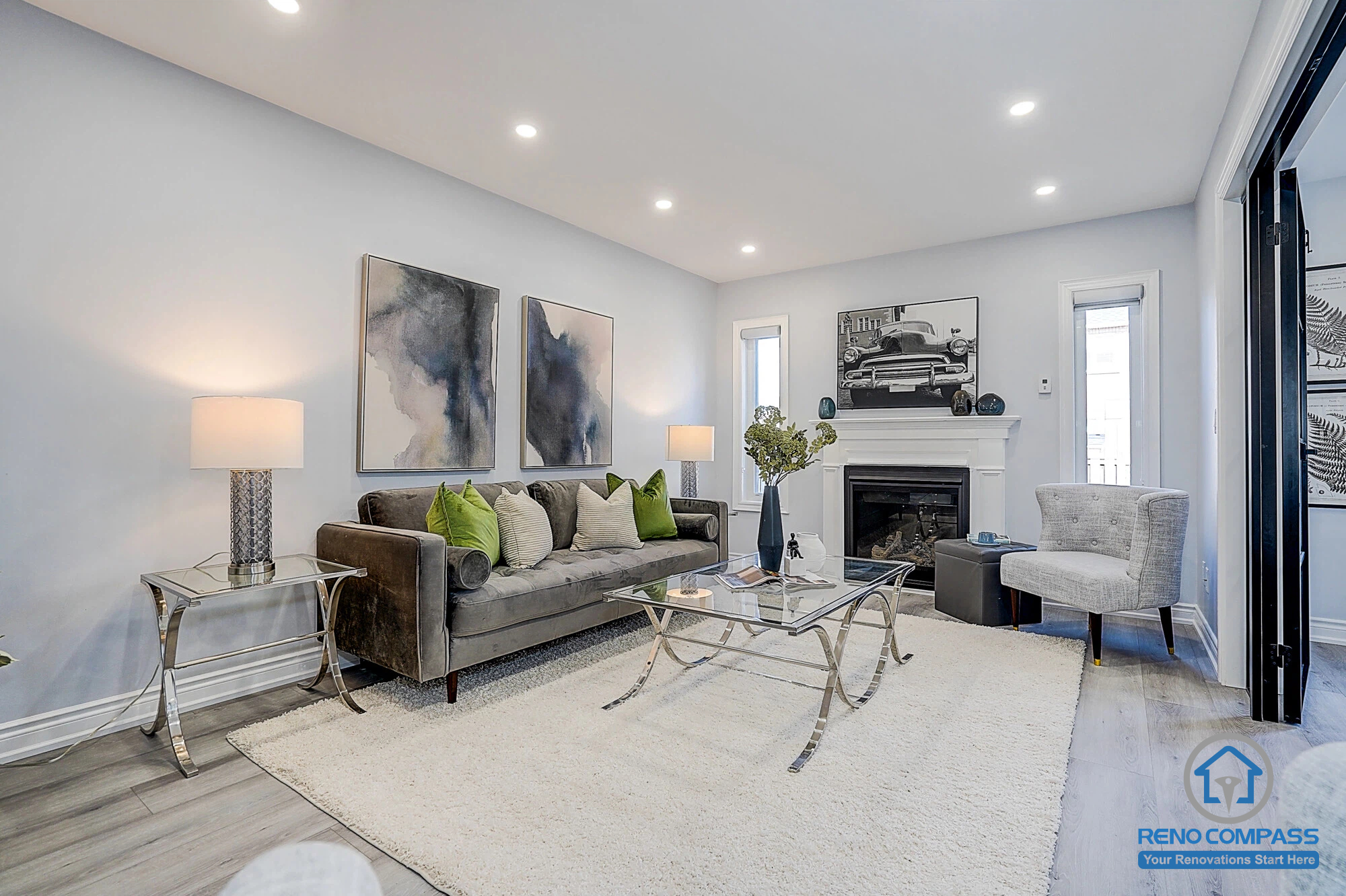 Modern living room after interior renovation in Vaughan, featuring new flooring, pot lights installation, and fresh wall painting for a clean and bright space.