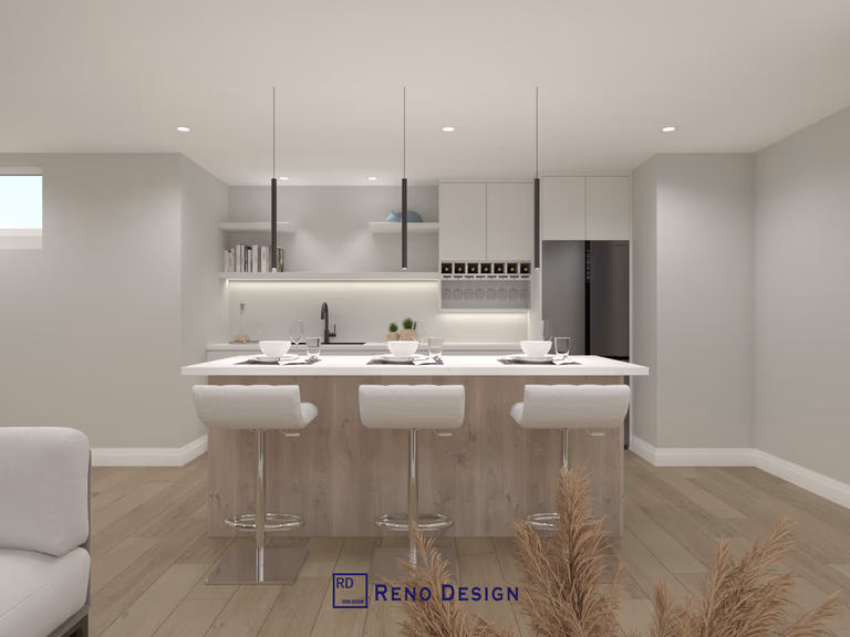 This kitchen design by Reno Compass features a beautiful wood-tone kitchen island that creates a warm, natural focal point, perfectly contrasted against sleek white perimeter cabinets. The island provides ample prep space, seating, and storage, exemplifying a modern yet inviting kitchen style. Ideal for inspiration on combining materials and tones in contemporary home renovation.