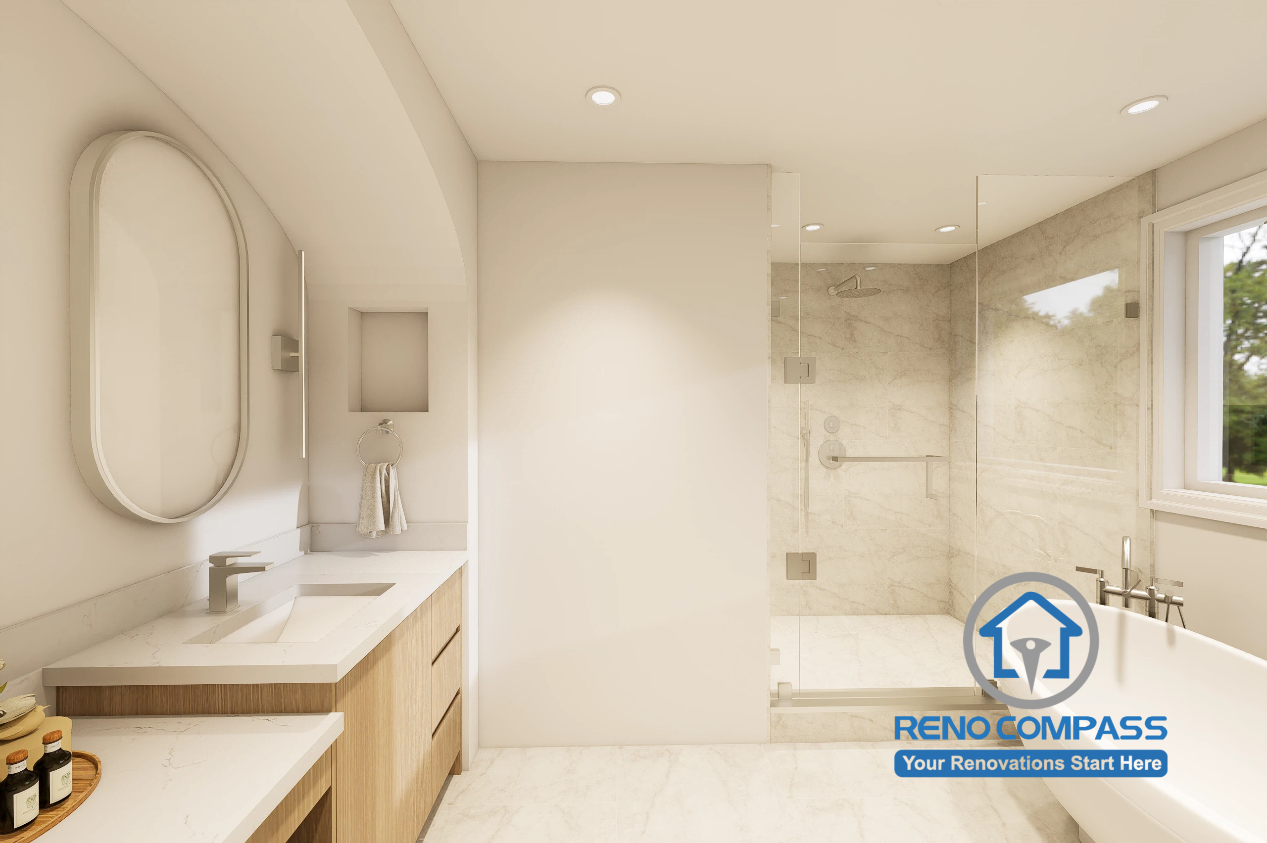 This completed master bathroom renovation project in Markham showcases a custom vanity, freestanding soaking tub, frameless glass shower, premium porcelain tile, and a spacious spa-inspired layout that blends elegant design with everyday functionality.