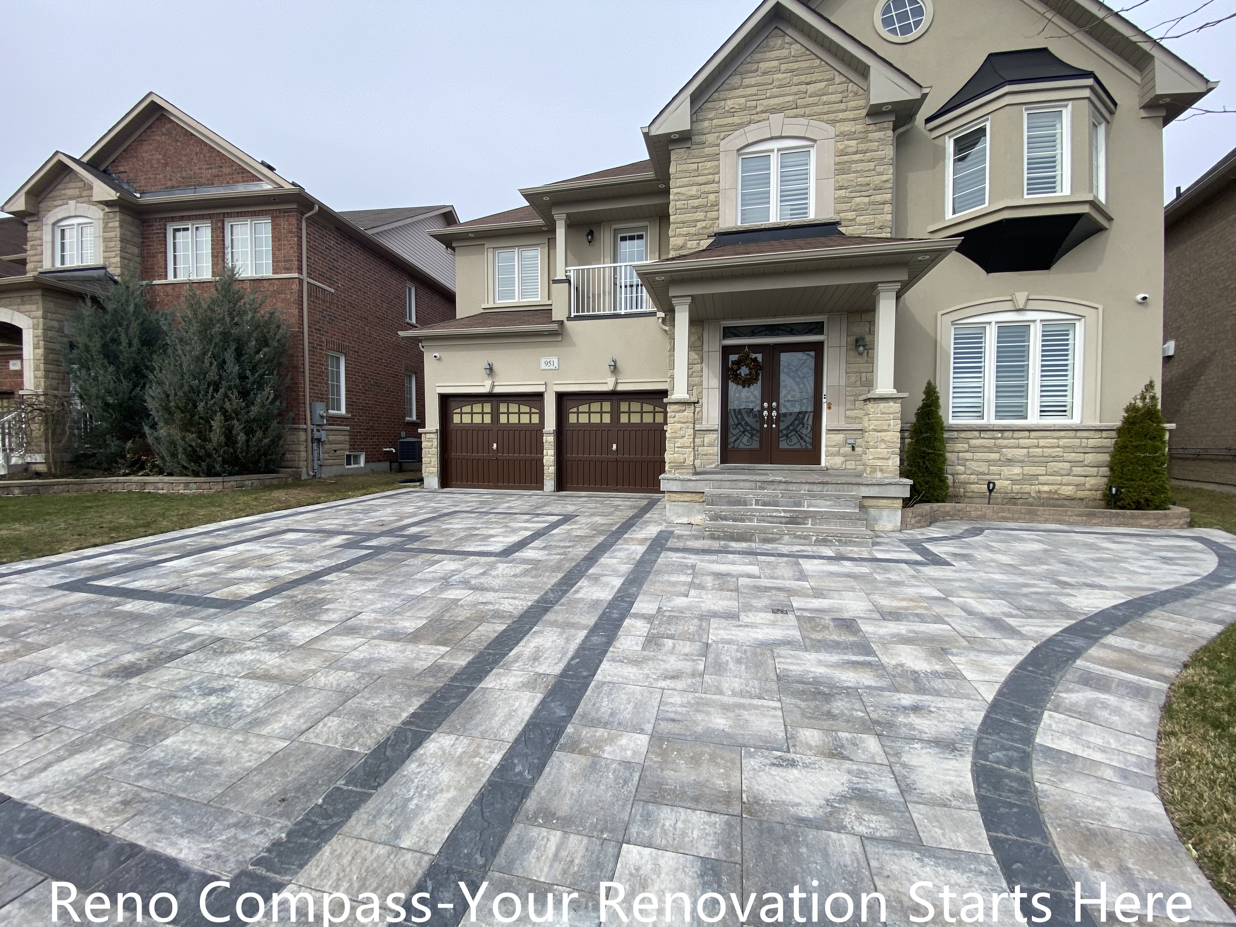 Completed interlocking driveway renovation in Newmarket featuring a large-scale front yard hardscape with patterned concrete pavers and contrasting border lines. The upgraded driveway enhances curb appeal, provides a durable parking surface, and complements the home’s exterior architecture. Designed and installed by a trusted Toronto renovation company specializing in high-quality residential exterior renovations.