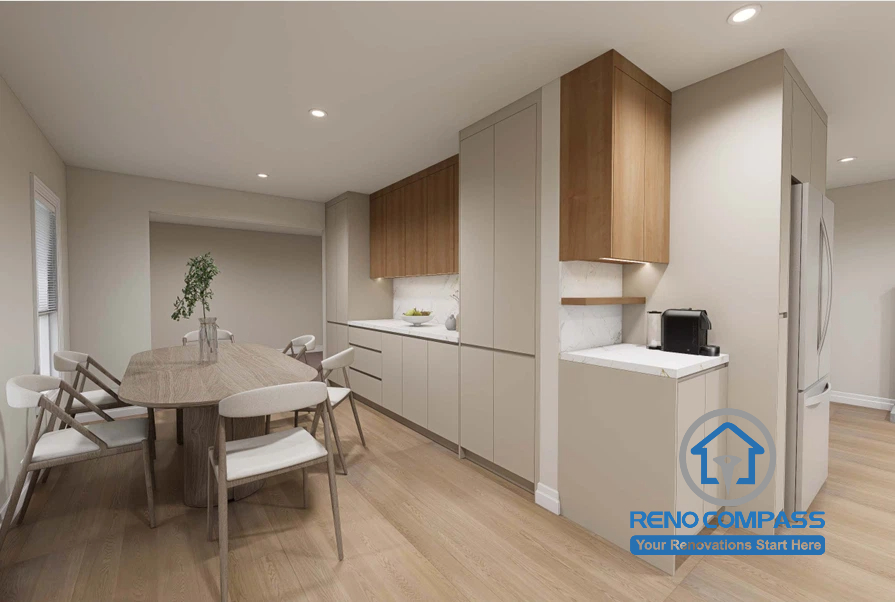 Custom-built cabinetry and a modern dining area designed for this Scarborough interior design project. The seamless storage solutions, integrated coffee station, warm wood finishes, and minimalist aesthetic maximize functionality while creating a clean, open-concept living space.
