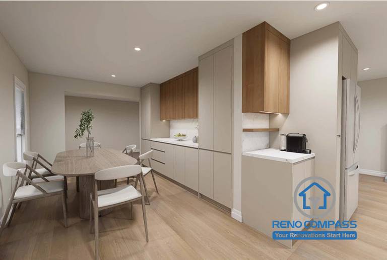 Custom-built cabinetry and a modern dining area designed for this Scarborough interior design project. The seamless storage solutions, integrated coffee station, warm wood finishes, and minimalist aesthetic maximize functionality while creating a clean, open-concept living space.