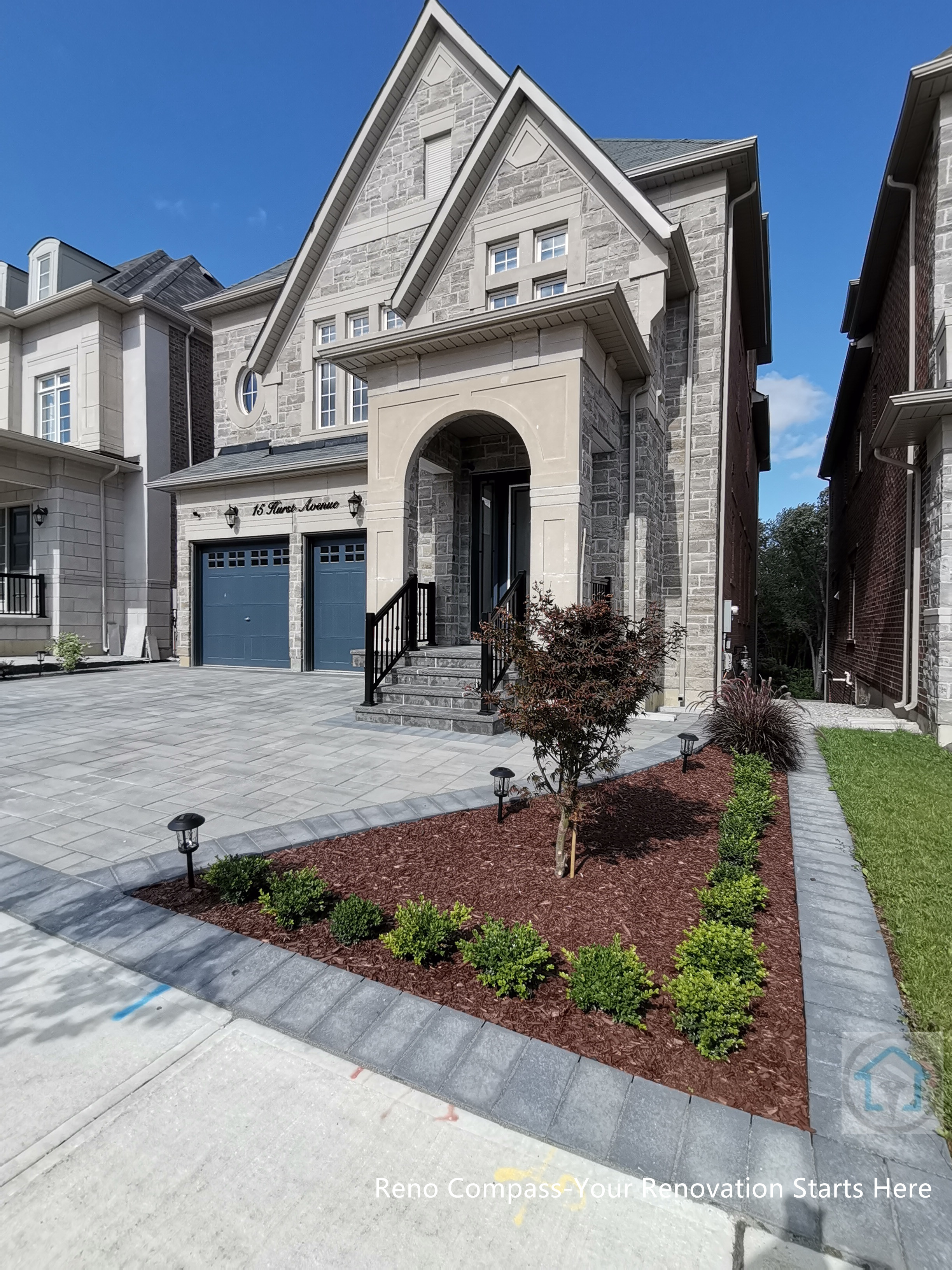 This Vaughan driveway renovation features a clean interlocking stone layout that enhances curb appeal and complements the home’s architectural style. The design integrates the driveway, front walkway, and landscaped lawn with precise grading and durable materials, creating a cohesive and low-maintenance outdoor space.