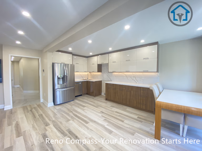 Open concept living and dining area from a completed interior renovation project in Vaughan, featuring a bright layout and seamless connection between spaces by Reno Compass.