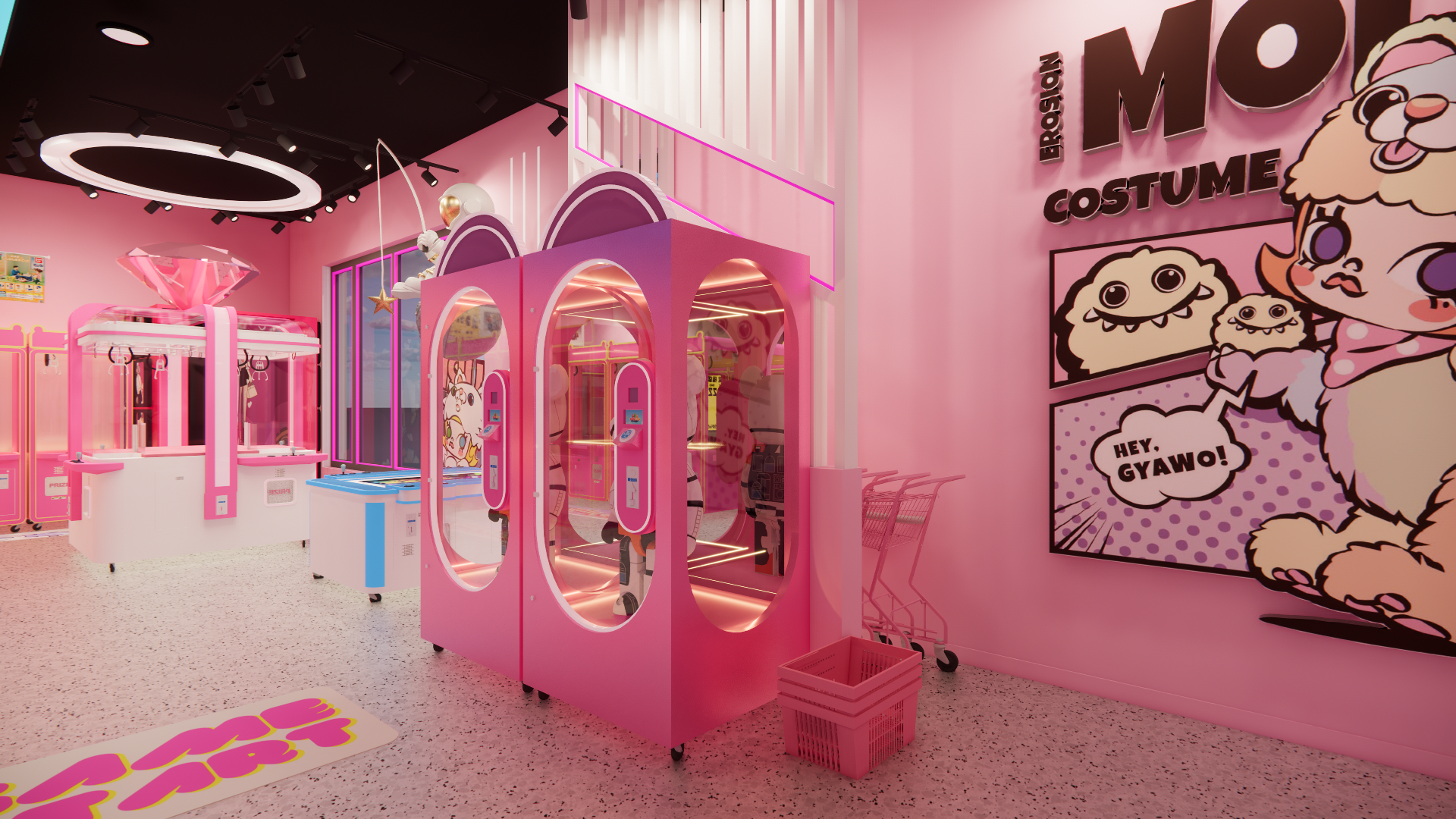 A playful entrance retail zone inside a Waterloo claw machine arcade, featuring pink capsule machines, themed wall graphics, and integrated shopping elements. The open layout seamlessly combines gaming and merchandise browsing, enhancing customer flow and encouraging impulse purchases while maintaining a cohesive, photo-friendly arcade interior design.