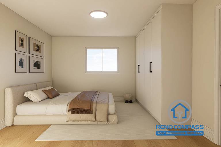 Secondary bedroom design created for a Markham whole home renovation project. Featuring custom floor-to-ceiling wardrobes, warm neutral finishes, natural wood flooring, and a space-efficient layout designed to maximize storage, comfort, and everyday functionality.