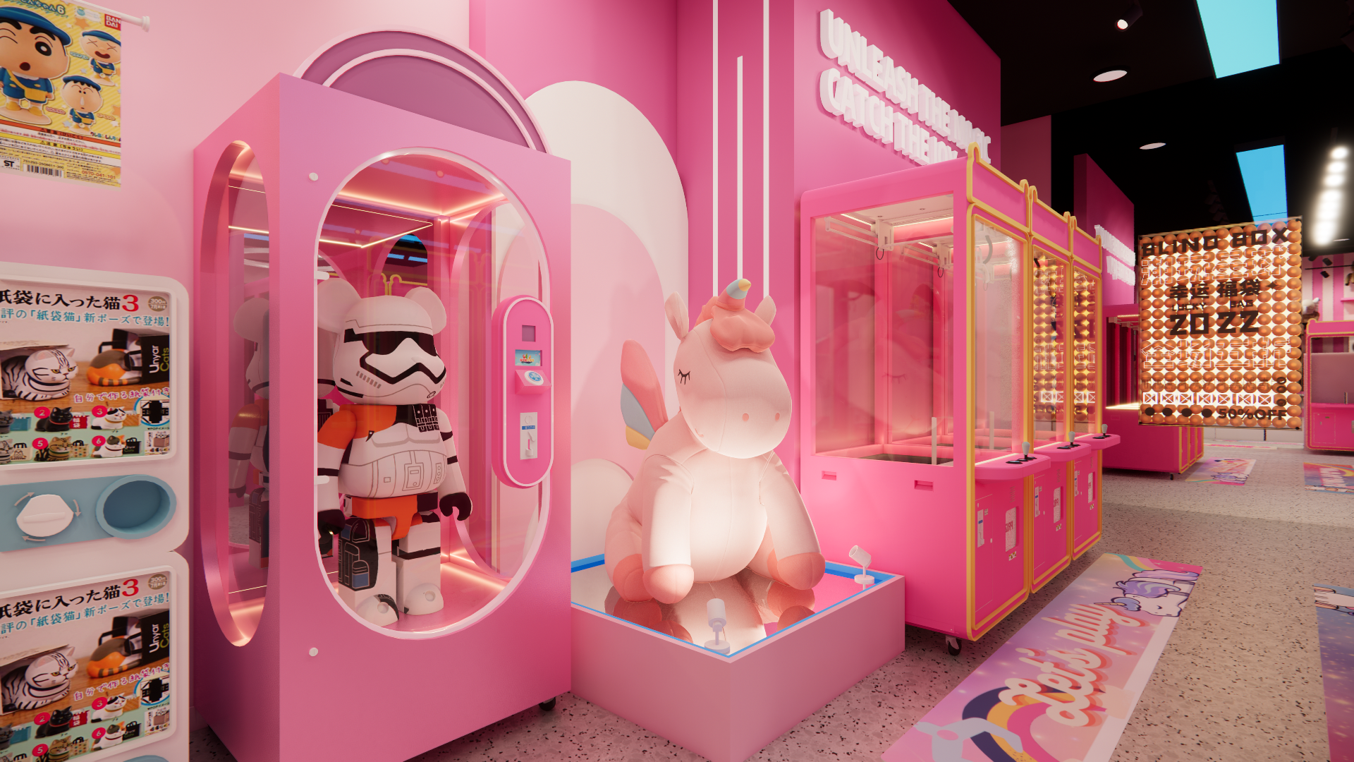 A highlighted feature display inside a Waterloo claw machine arcade, showcasing oversized character dolls and capsule toy machines within a pink-themed entertainment space. The arched display structure, soft lighting, and playful character elements enhance visual appeal and customer interaction, creating an immersive and photo-friendly arcade environment ideal for modern claw machine and toy store designs.