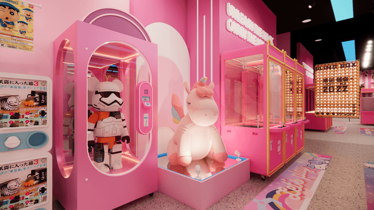 A highlighted feature display inside a Waterloo claw machine arcade, showcasing oversized character dolls and capsule toy machines within a pink-themed entertainment space. The arched display structure, soft lighting, and playful character elements enhance visual appeal and customer interaction, creating an immersive and photo-friendly arcade environment ideal for modern claw machine and toy store designs.