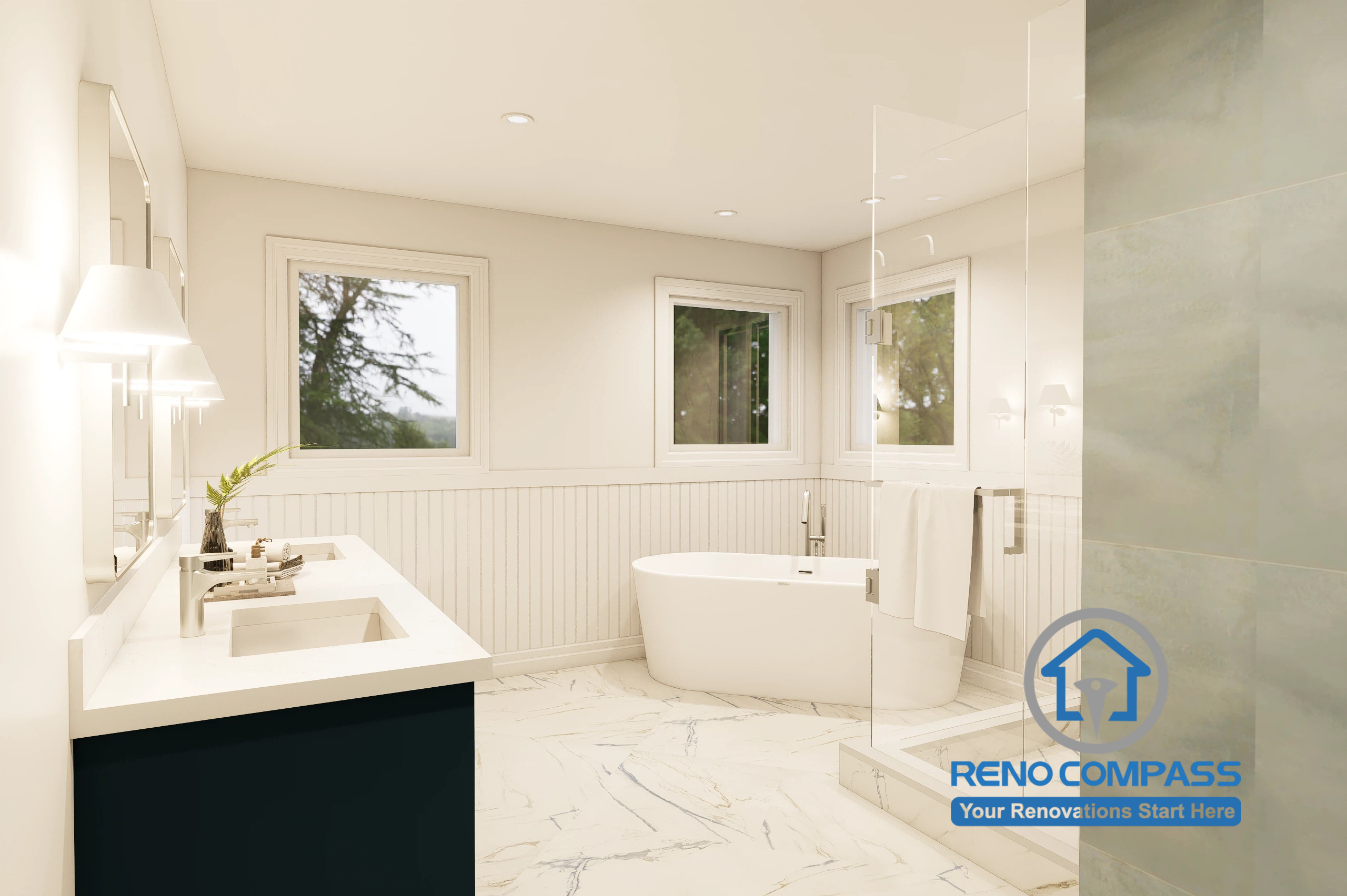 A completed modern bathroom renovation project in Markham featuring a custom double vanity, freestanding bathtub, frameless glass shower, premium porcelain tile flooring, and a bright, spacious layout designed for modern family living.