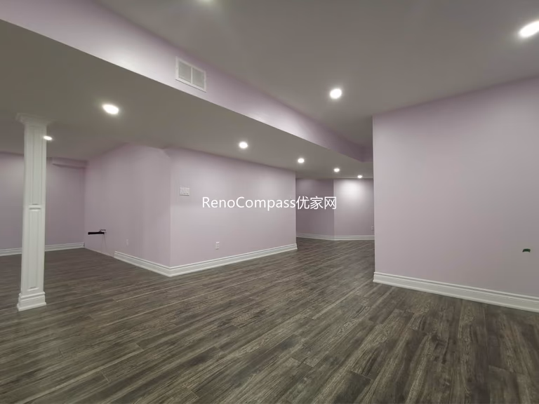 This Richmond Hill basement renovation features a spacious open-concept layout with modern recessed lighting, durable wood-look flooring, and soft neutral wall tones to create a bright and welcoming environment. Completed by a professional Toronto renovation company, the redesigned basement offers a versatile living area suitable for entertainment, rental potential, or extended family use. The clean layout and upgraded finishes enhance both functionality and overall property value.