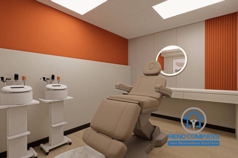 A fully equipped treatment room in a Markham medical aesthetic clinic renovation project, featuring Hermès orange accents, functional layout, and dedicated equipment areas designed to support efficient clinical operations and client comfort.