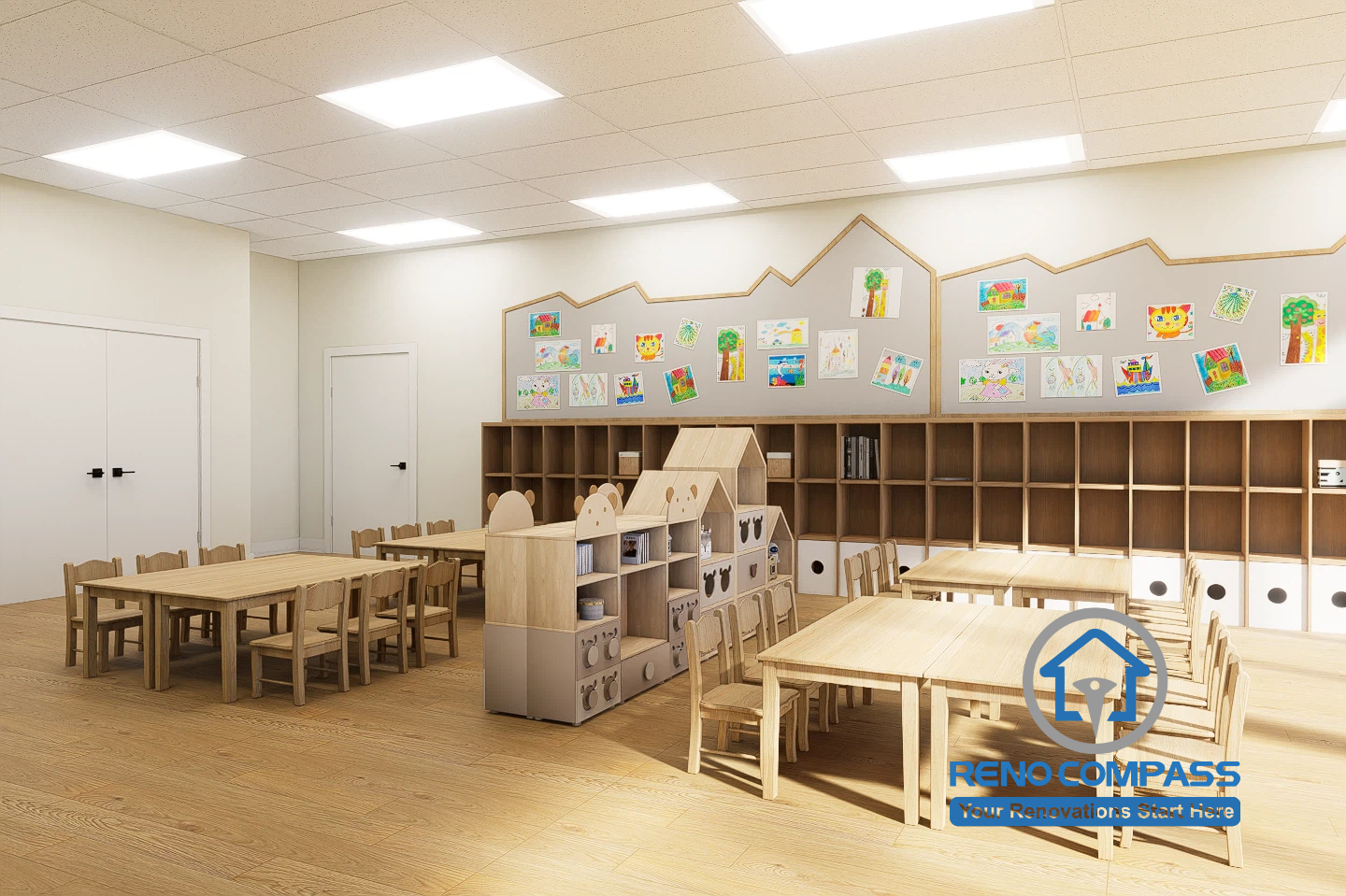 A well-organized kindergarten classroom in Toronto featuring Montessori-style furniture, open storage cubbies, and child-friendly layouts designed to support independence and daily learning activities.