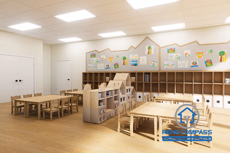 A well-organized kindergarten classroom in Toronto featuring Montessori-style furniture, open storage cubbies, and child-friendly layouts designed to support independence and daily learning activities.