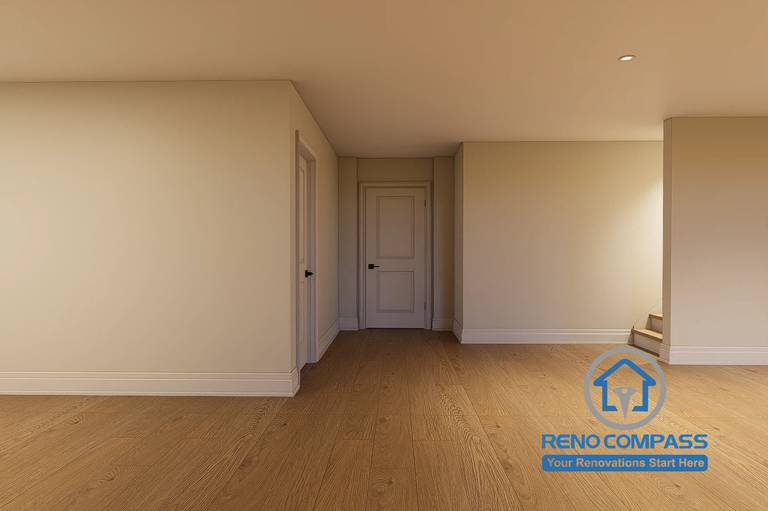 Open-concept basement living area designed for a Markham whole home renovation project. Featuring a spacious layout, wide-plank hardwood flooring, recessed lighting, and flexible open space planning. The design maximizes functionality and creates a bright, welcoming environment for entertainment, recreation, and everyday family use.