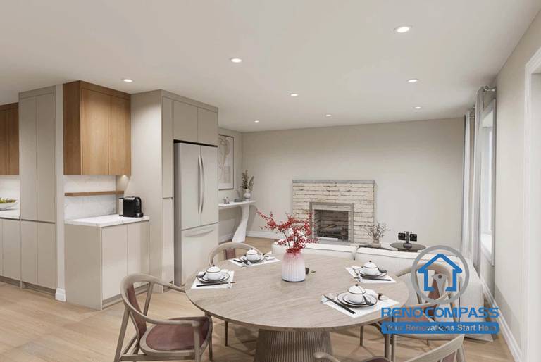 This Scarborough interior design project showcases a modern open-concept dining and living space featuring custom built-in cabinetry, a contemporary fireplace, a built-in coffee station, and warm wood finishes. Thoughtful space planning and abundant natural light create a bright, inviting, and functional environment for modern family living.