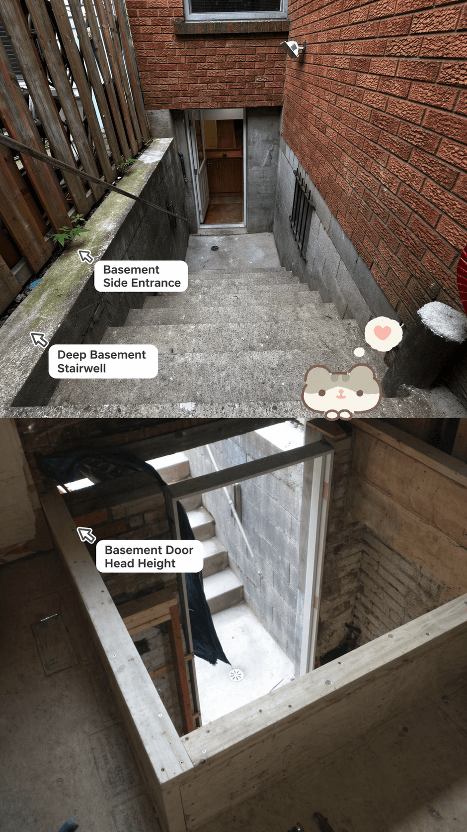 This image shows the basement walkout entrance and stairwell in a Toronto renovation project. The doorway height was increased to improve access, safety, and compliance with building code requirements for a legal rental unit.