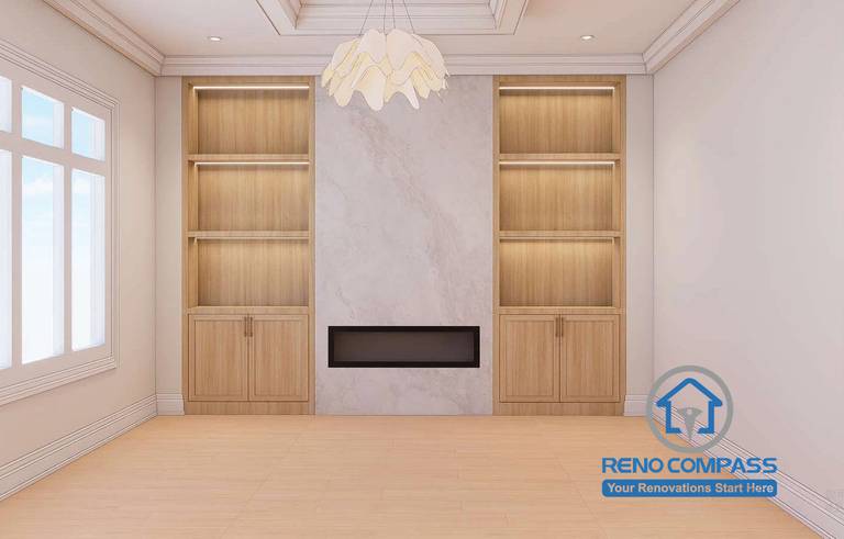 Elegant built-in shelving unit in Toronto home upgrade project, combining storage and display for a refined interior design.
