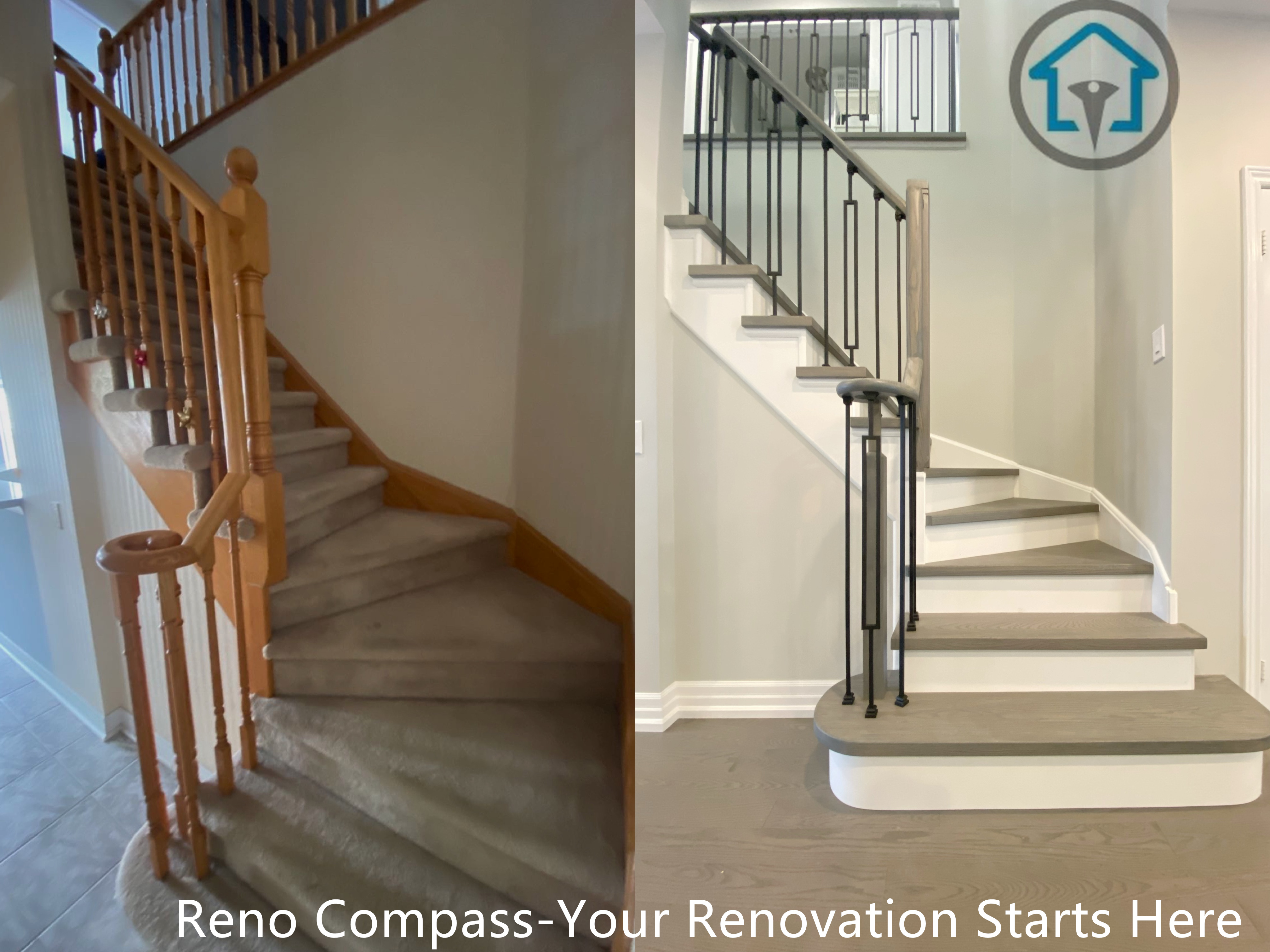 This before-and-after comparison showcases the transformation of a traditional wood staircase into a modern, refined design with updated wood treads, white risers, and slim black metal railings. The renovation improves visual openness, safety, and overall flow while creating a cleaner architectural presence at the home’s entry. Enhanced proportions and simplified detailing allow the staircase to integrate seamlessly with the surrounding interior, completed as part of a full renovation by Reno Compass.