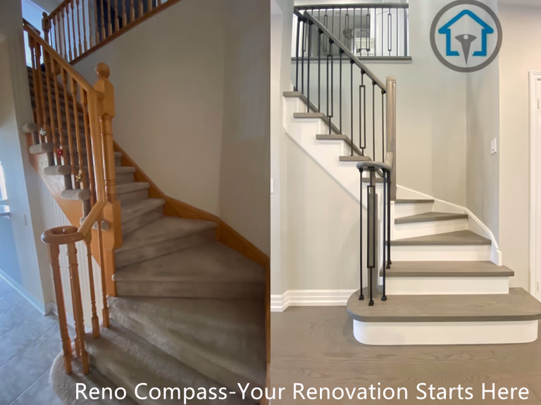 This before-and-after comparison showcases the transformation of a traditional wood staircase into a modern, refined design with updated wood treads, white risers, and slim black metal railings. The renovation improves visual openness, safety, and overall flow while creating a cleaner architectural presence at the home’s entry. Enhanced proportions and simplified detailing allow the staircase to integrate seamlessly with the surrounding interior, completed as part of a full renovation by Reno Compass.