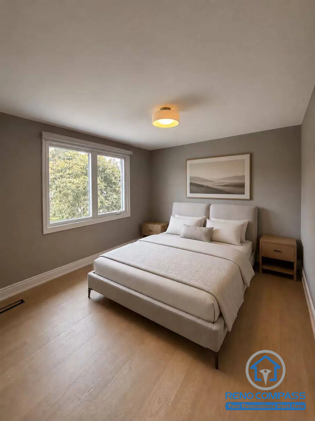 This modern bedroom was completed as part of a whole house renovation in North York. Featuring warm wood flooring, large windows, neutral finishes, and minimalist furnishings, the space is designed to create a bright, comfortable, and relaxing retreat with a clean contemporary aesthetic.