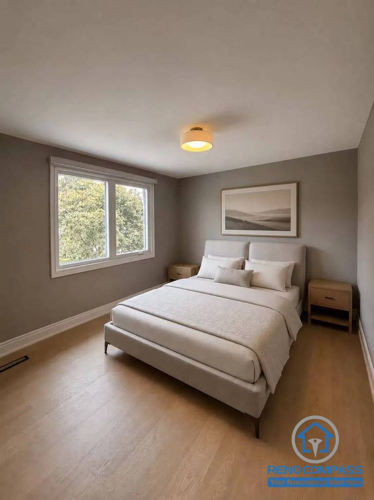 This modern bedroom was completed as part of a whole house renovation in North York. Featuring warm wood flooring, large windows, neutral finishes, and minimalist furnishings, the space is designed to create a bright, comfortable, and relaxing retreat with a clean contemporary aesthetic.
