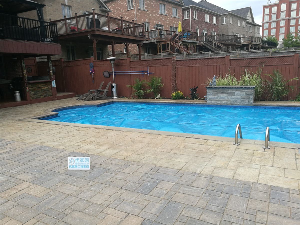 This image showcases a residential pool maintenance project in Vaughan, featuring professional pool upkeep and interlock paving around the pool area. The project includes surface cleaning, poolside hardscape maintenance, and overall backyard improvement, creating a clean, safe, and functional outdoor space ideal for summer use and family leisure.