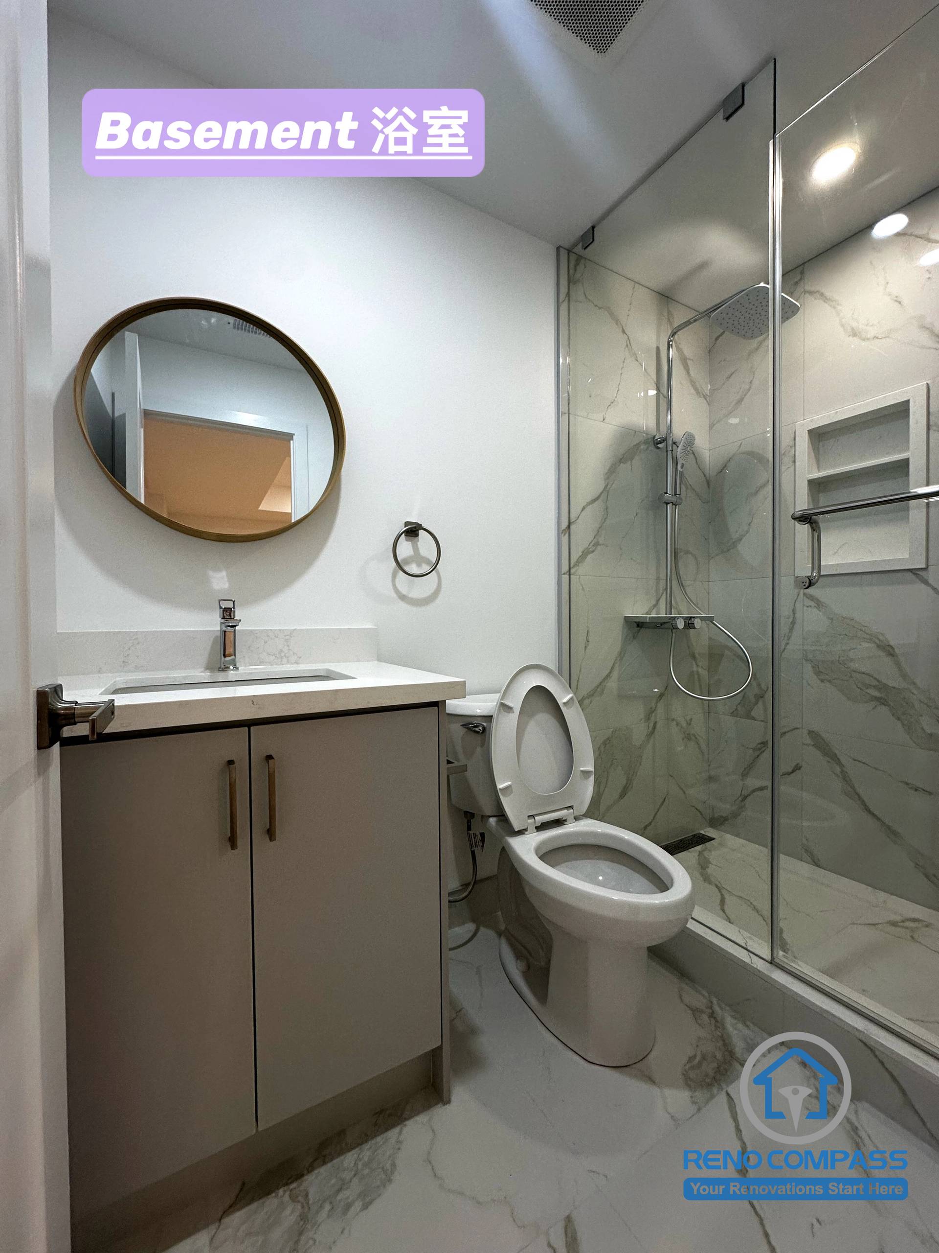 This basement bathroom features a modern walk-in shower, vanity, and full fixtures. As part of a Toronto legal 3-unit conversion, the space supports independent living and enhances the functionality and rental value of the basement unit.