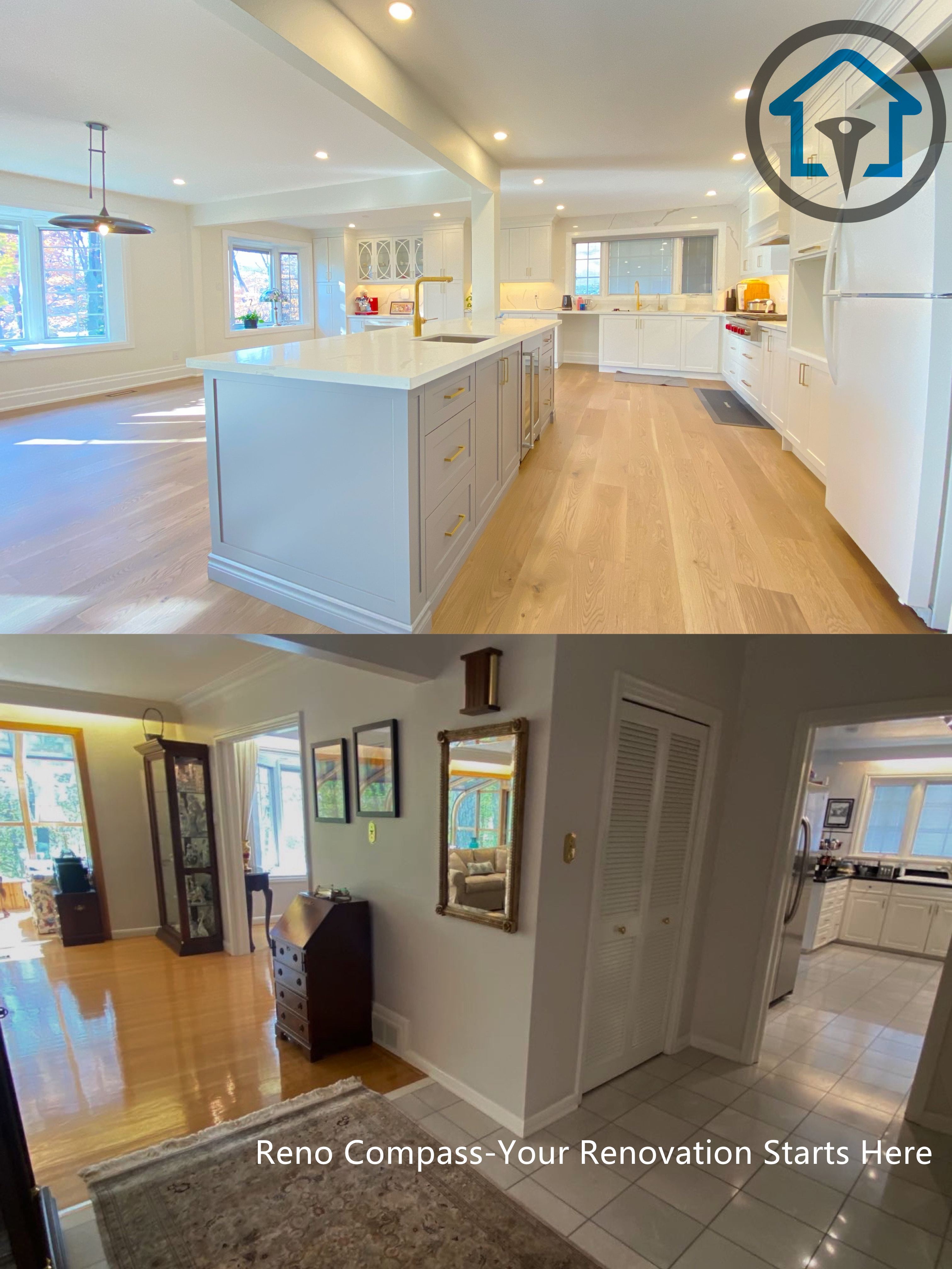 This before-and-after image showcases the transformation of a closed kitchen and adjacent circulation area into a spacious open-concept layout in a North York house. The renovation redefined the floor plan by improving sightlines, upgrading finishes, and integrating the kitchen seamlessly with surrounding living spaces, creating a brighter and more functional main floor.