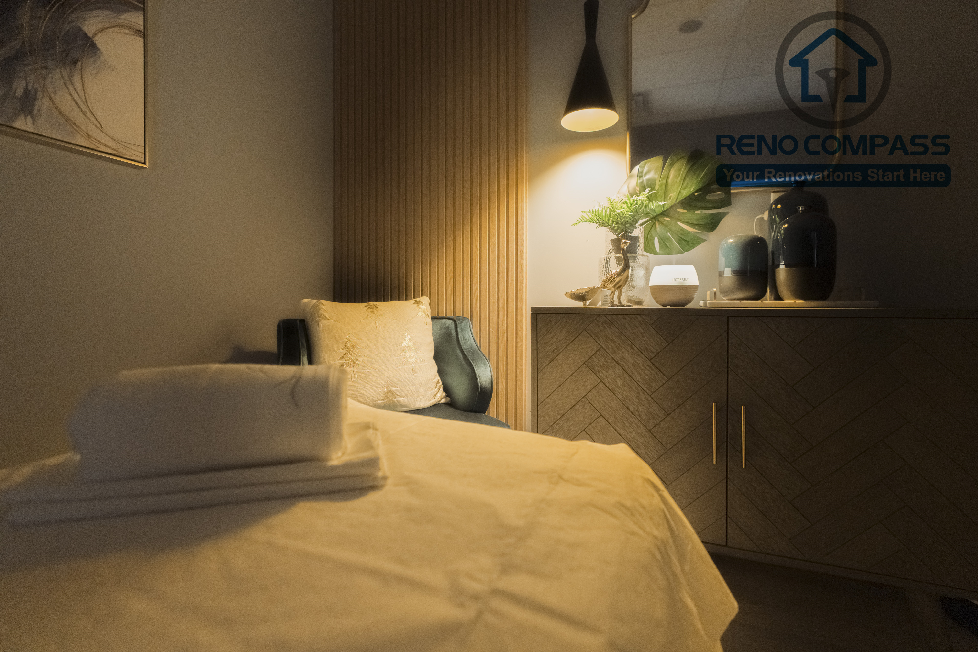 Treatment area designed during a North York beauty salon renovation, featuring efficient workstation spacing, soft lighting