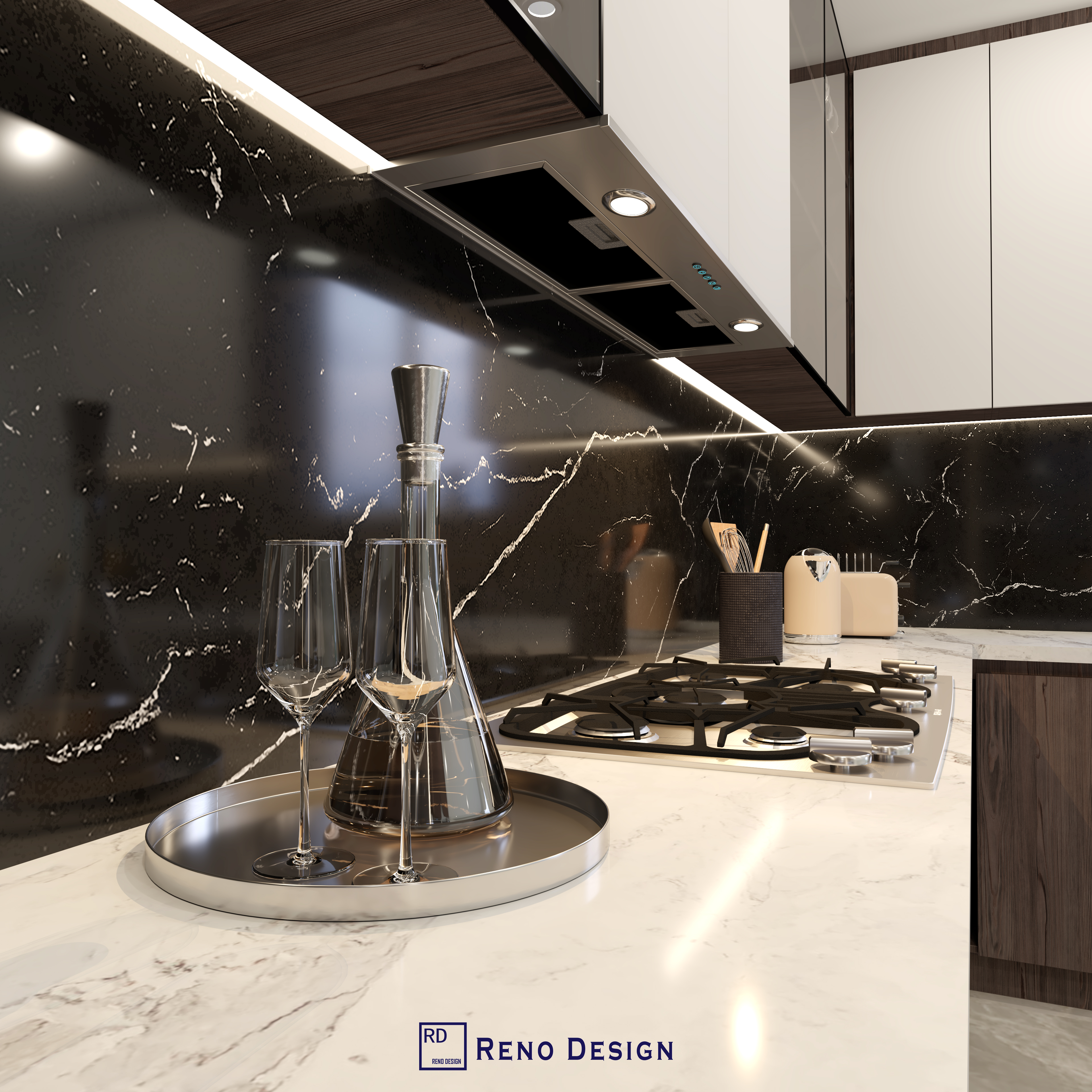 This Toronto modern kitchen design showcases a sophisticated blend of light grey tones, dark wood cabinetry, and a sleek black marble backsplash. The open-concept layout connects the kitchen seamlessly with the living space, creating a spacious and elegant atmosphere. Featuring a powerful range hood, premium gas cooktop, and custom cabinetry, this contemporary kitchen combines functionality with high-end aesthetics—perfect for homeowners seeking a modern luxury lifestyle in Toronto.