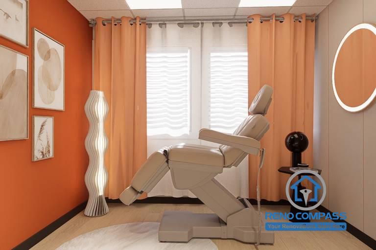 A private treatment room in a Markham medical aesthetic clinic renovation project, featuring Hermès orange accents, soft lighting, and a fully enclosed layout designed to enhance client comfort and privacy.