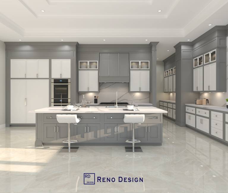 This spacious Toronto traditional style kitchen showcases a large central island, custom white cabinetry, and elegant ceiling detailing with recessed lighting. Featuring built-in appliances, a marble-inspired floor finish, and abundant natural light, the design blends luxury aesthetics with everyday functionality, crafted by a professional Toronto Renovation Company.