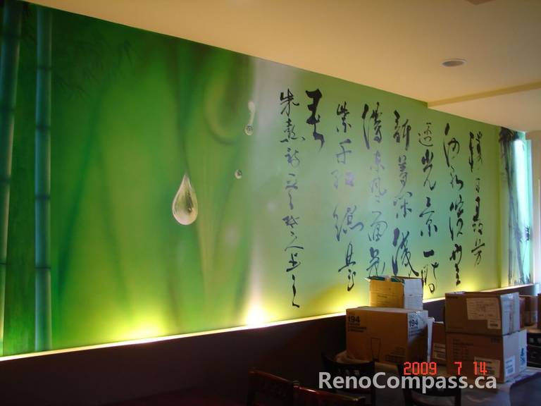 This Toronto commercial renovation features a striking custom backlit feature wall with artistic graphics and soft ambient lighting. The illuminated wall design adds depth, visual interest, and a calming atmosphere ideal for beauty salons, wellness spaces, or boutique commercial interiors. Completed by a professional Toronto renovation company, this project highlights creative wall finishes, modern lighting integration, and high-quality craftsmanship tailored for stylish commercial environments.