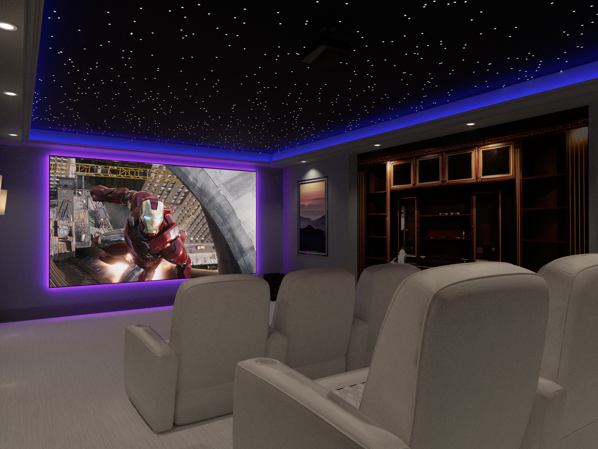 This home theater design in Aurora features tiered cinema seating, a large projection screen, and a star ceiling with ambient LED lighting, creating an immersive and comfortable viewing experience.