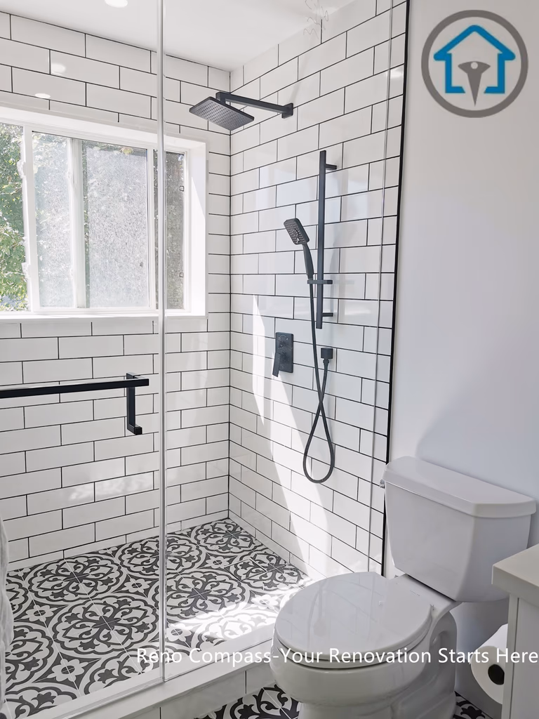 This Ajax bathroom renovation features a bright walk-in shower design with classic white subway tiles and bold patterned floor tiles. The black fixtures and glass shower enclosure create a clean contrast, while the window brings in natural light to enhance the overall openness. A timeless black-and-white palette paired with modern details delivers both visual impact and everyday functionality.