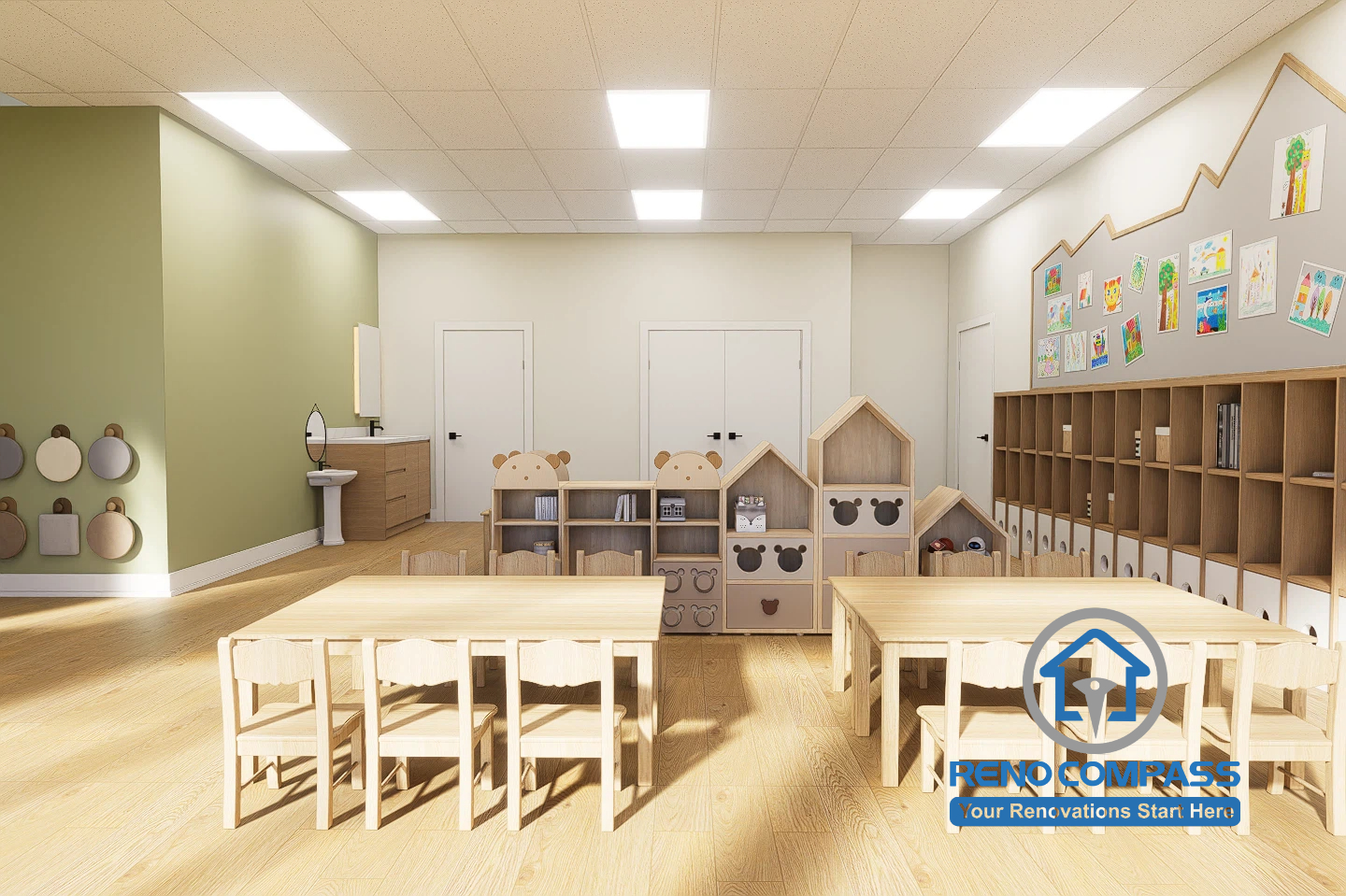A well-organized kindergarten classroom in Toronto featuring Montessori-style furniture, open storage cubbies, and child-friendly layouts designed to support independence and daily learning activities.