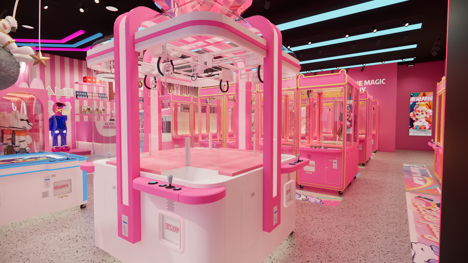 A close-up view of a four-player crane machine inside a Waterloo claw machine arcade, highlighting the central game structure and surrounding machine layout. The pink color scheme, clear player stations, and open circulation design support group play and social interaction, making this multiplayer zone a key attraction within the arcade entertainment space.